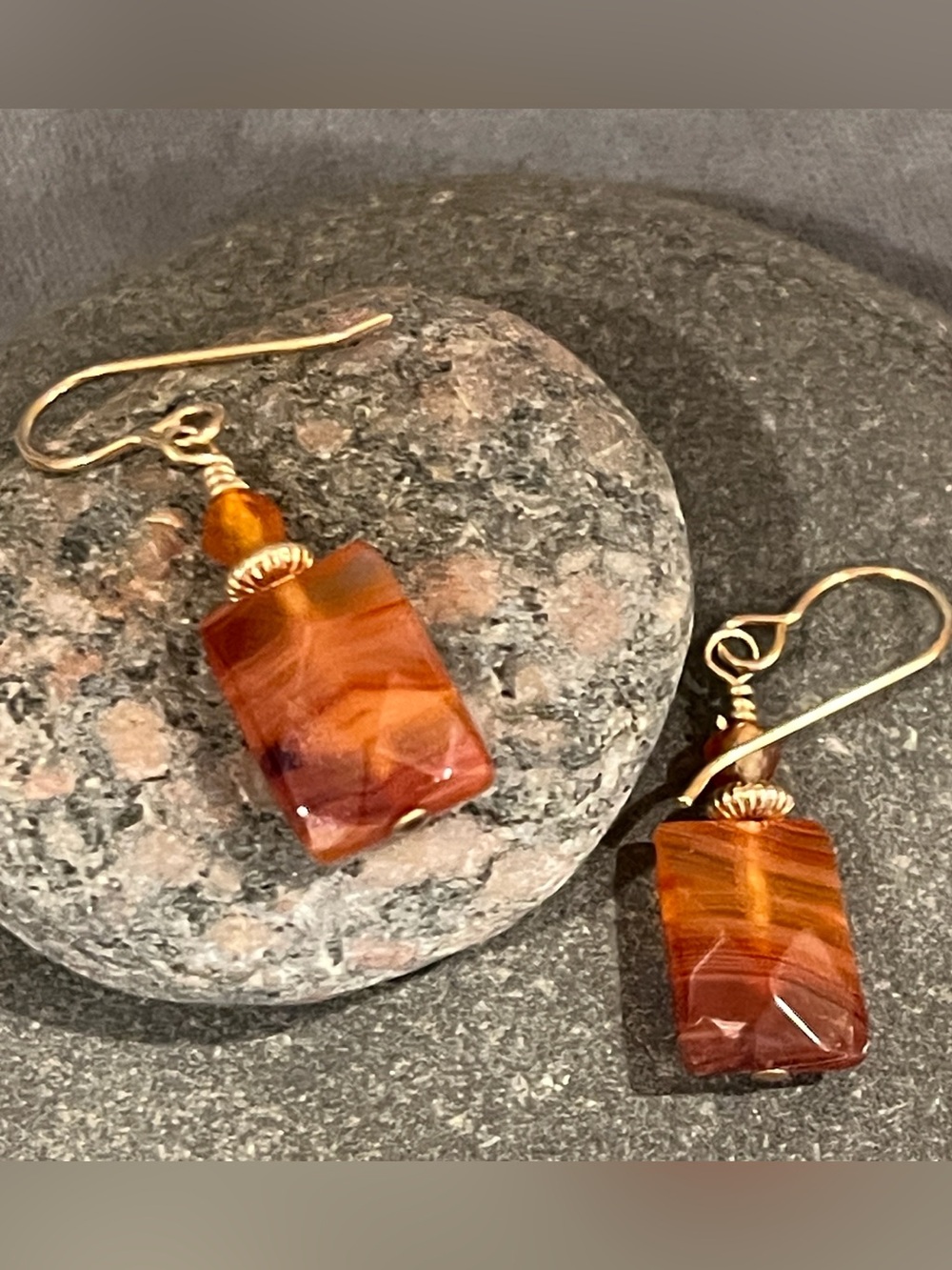Carnelian faceted gemstone dangle earrings, hypoallergenic gold filled ear wires
